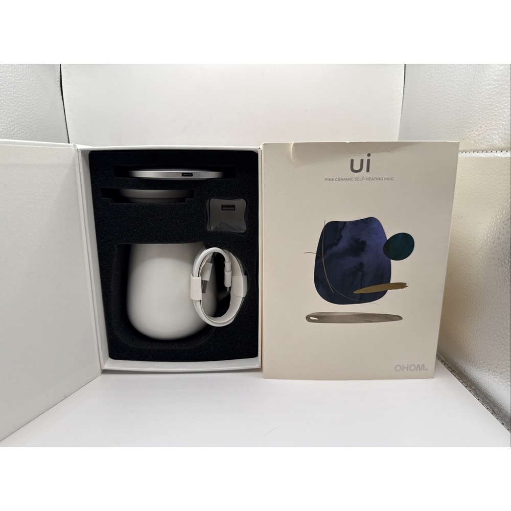OHOM Ui Fine Ceramic Self-Heating Mug Set JASMINE WHITE Wireless Cell NEW IN BOX